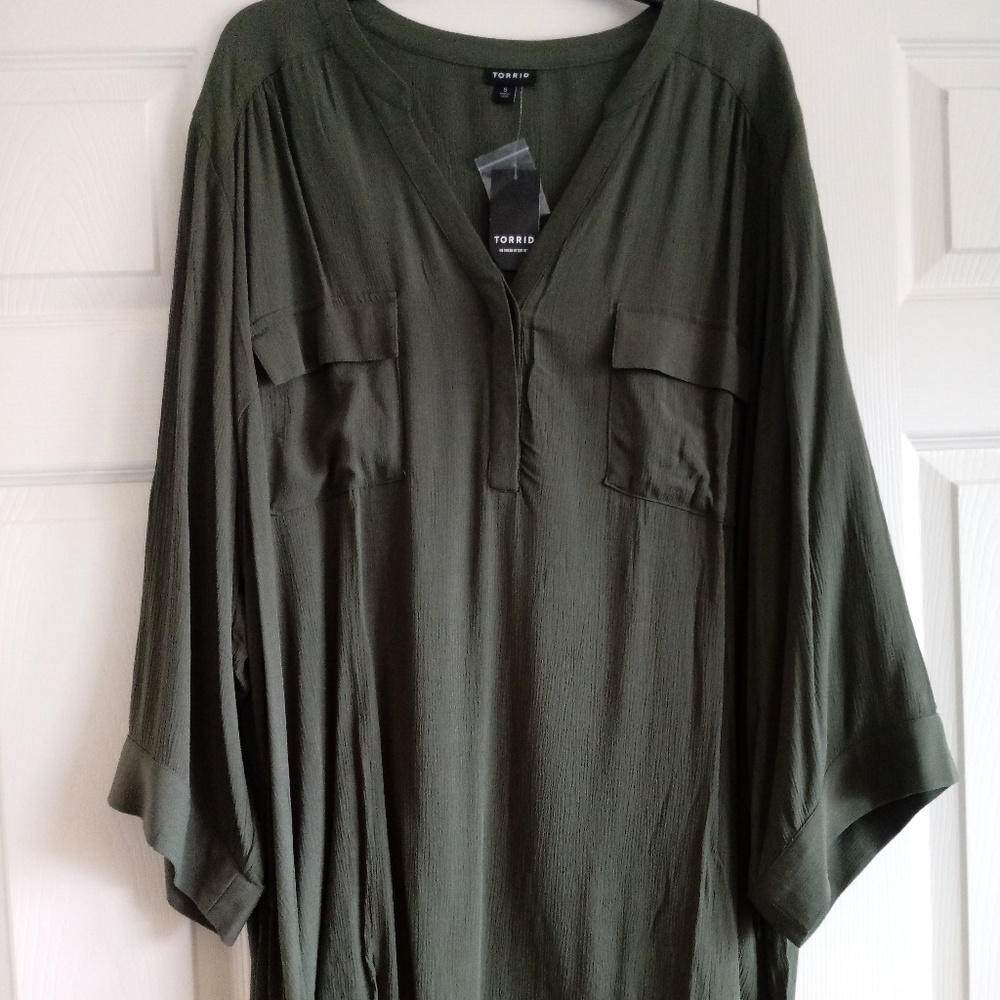 Gauze Blouse - Olive Green Pullover w. Pockets